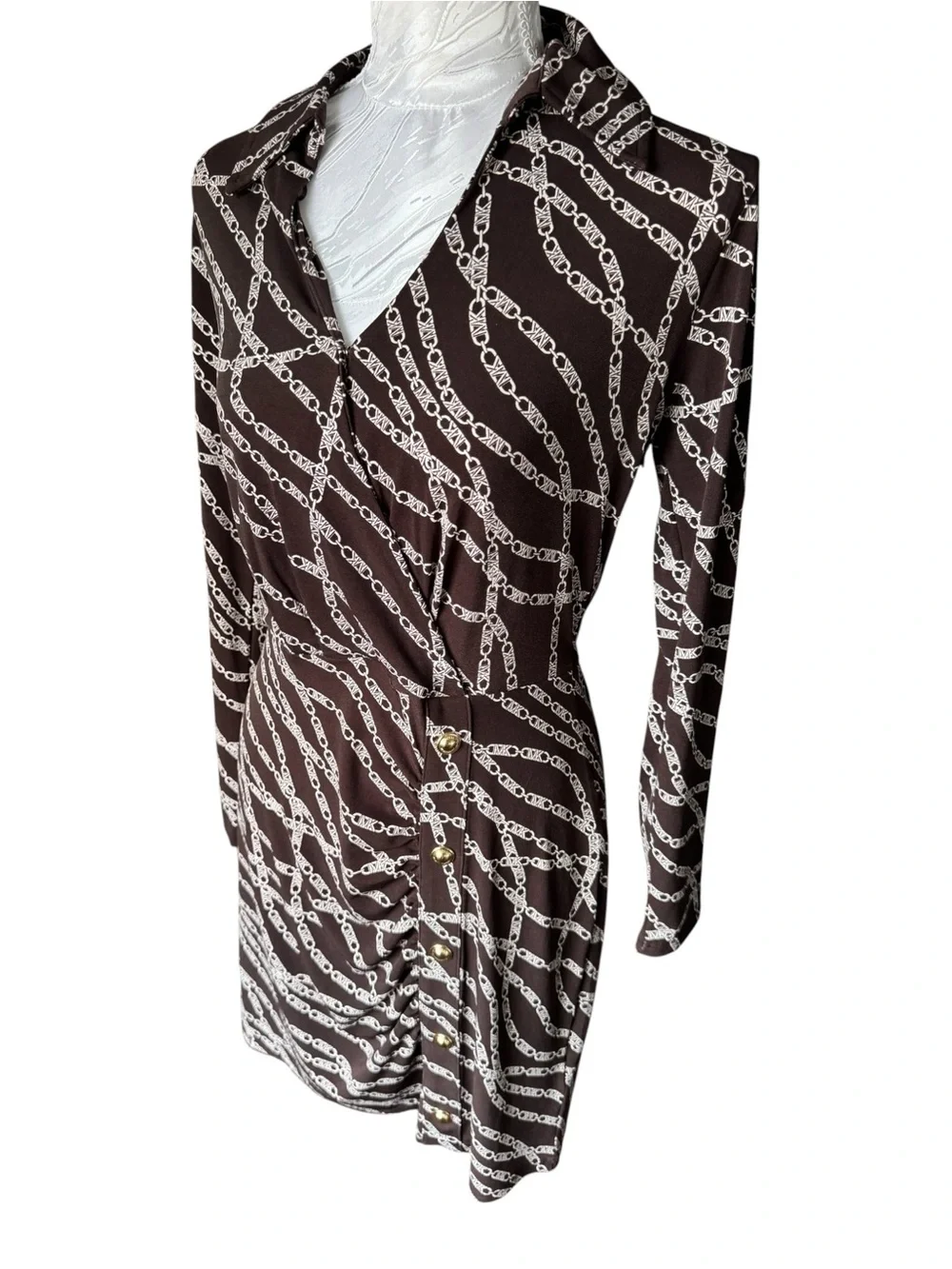 Michael Kors Brown Chain-Print Long Sleeve Wrap-Style Dress